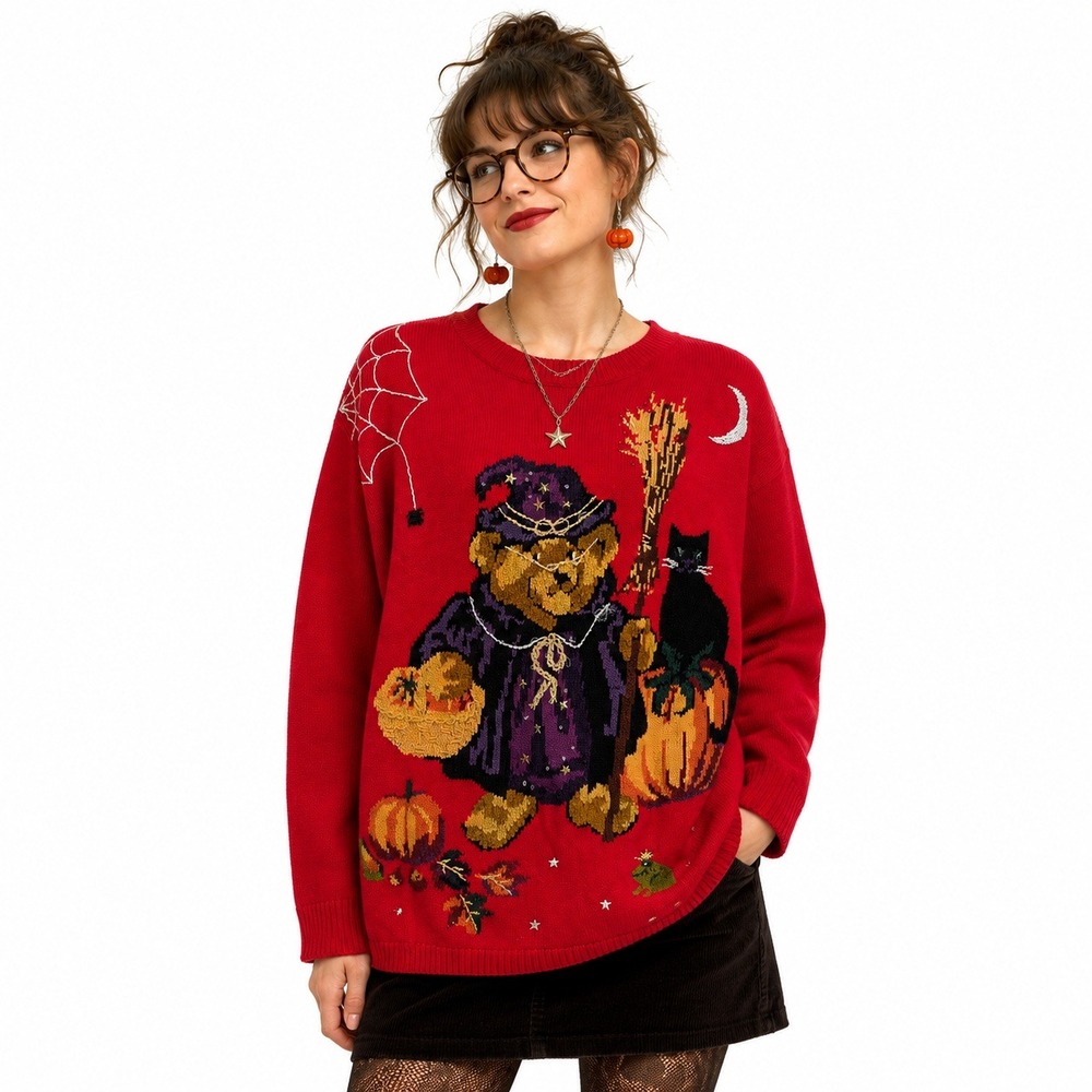 Vintage 1995 Susan Bristol Halloween Sweater L Witch Bear Cat Pumpkin Kitsch
